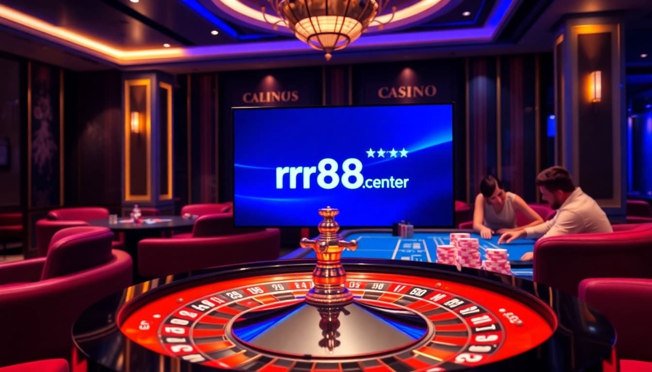 An exciting casino experience at rr88.center, featuring a roulette wheel and colorful poker chips in a luxurious setting.