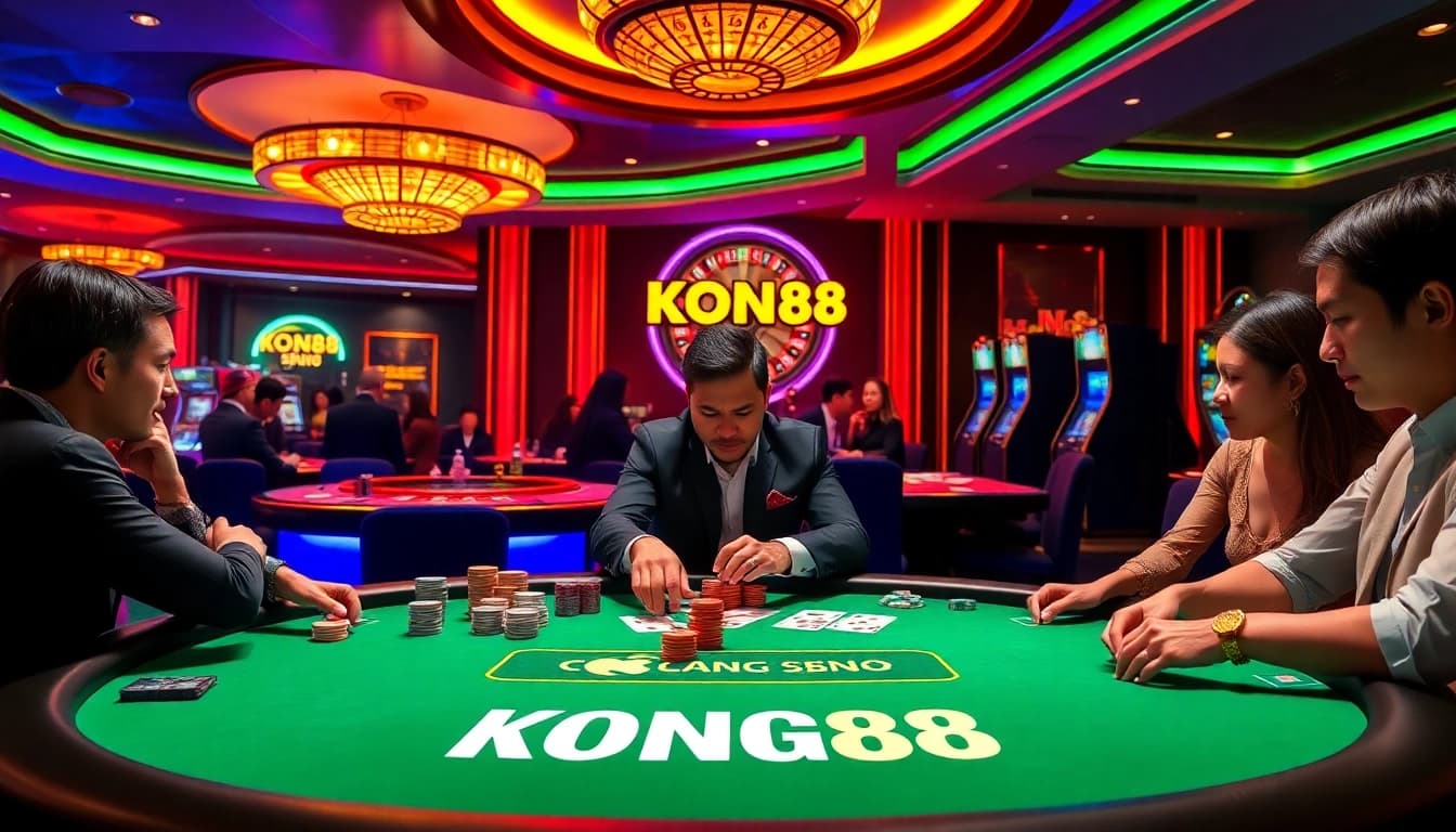 KONG88 poker players strategizing at a high-stakes casino table surrounded by excitement.