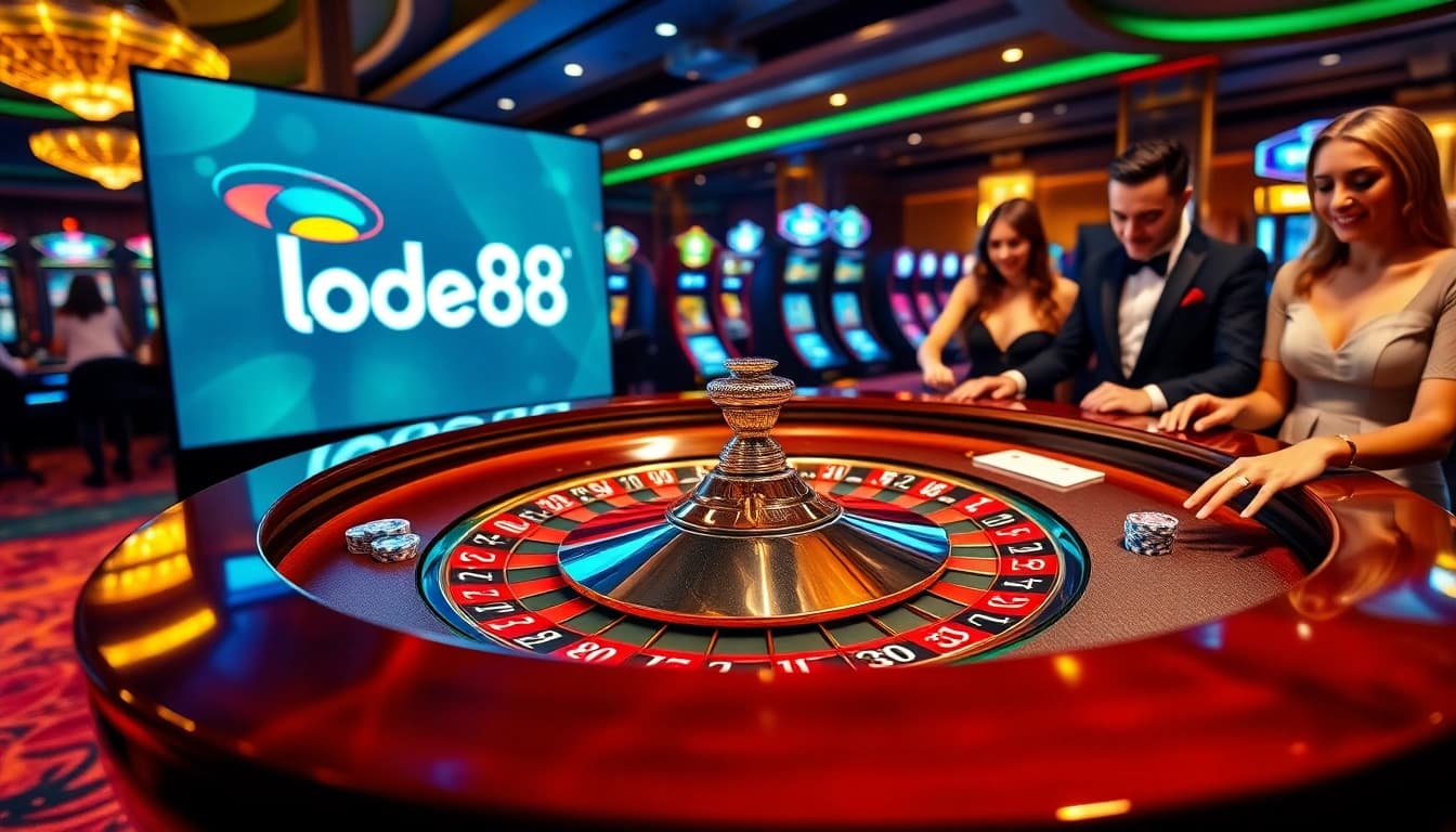 Engaged players at lode 88 testing their luck at roulette and poker tables in a vibrant casino setting.