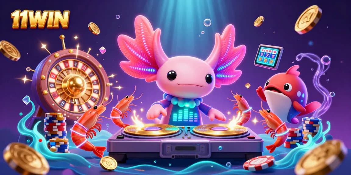 Experience excitement with the vibrant 11WIN casino scene featuring cartoon characters and dynamic game elements.