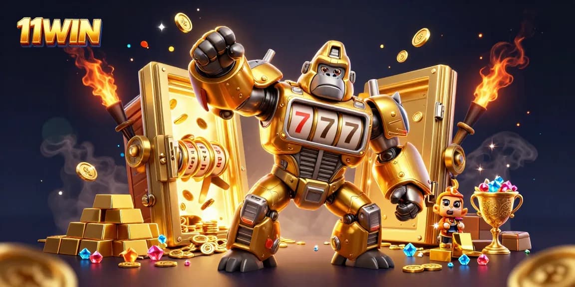 Engage with thrilling games and jackpots at 11WIN, highlighted by a golden gorilla mech with slot machine parts.