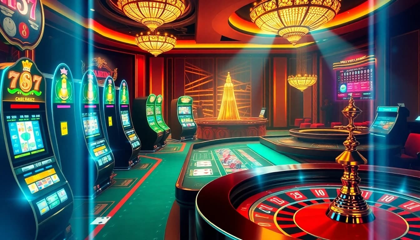 Experience luxury gaming with xx88 com, featuring vibrant slot machines and poker tables.