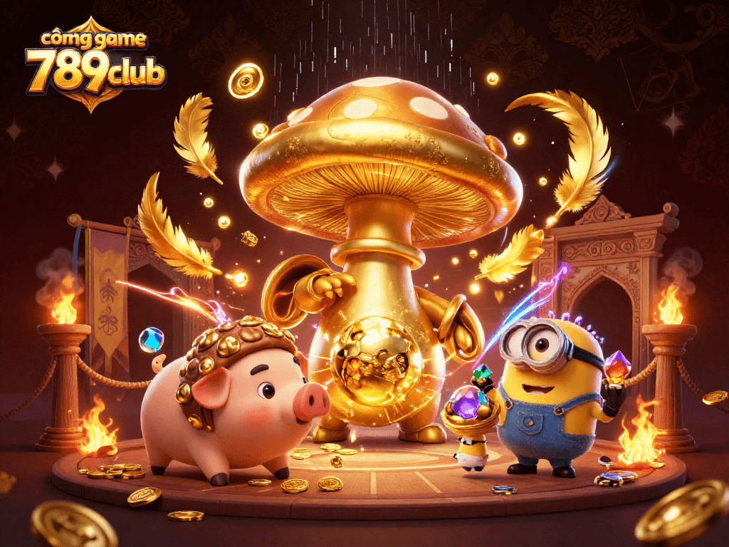 Experience the excitement of cổng game 789club with a vibrant 3D casino illustration featuring magical elements and treasures.