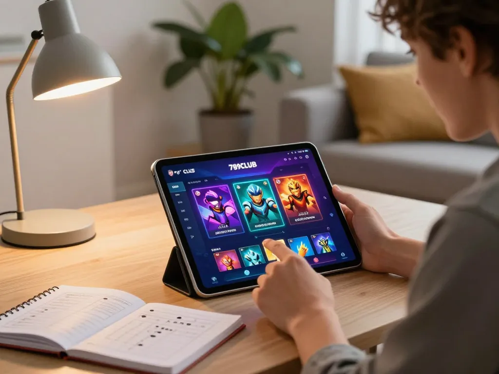 Excited player engaged with 789CLUB app gameplay on tablet in a cozy home setting.