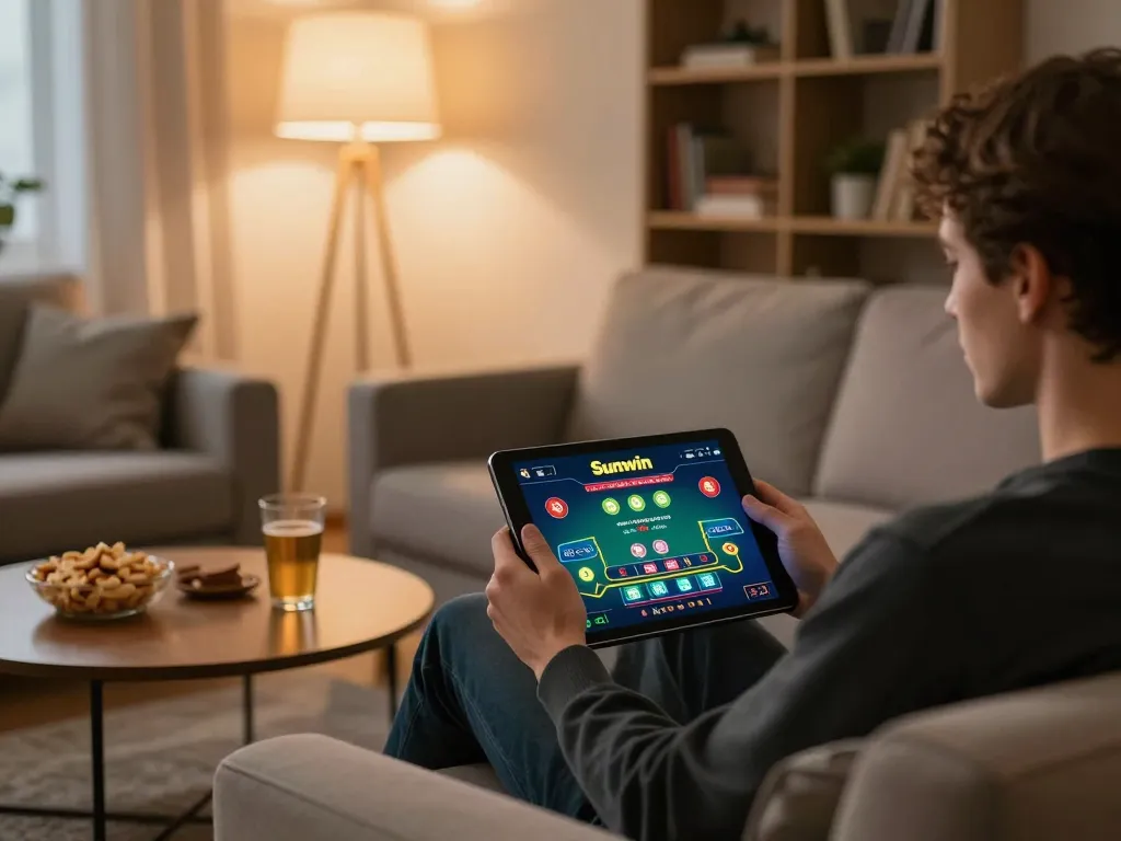 Engaging with Sunwin's casino app on a tablet in a cozy home setting during a blackjack game.