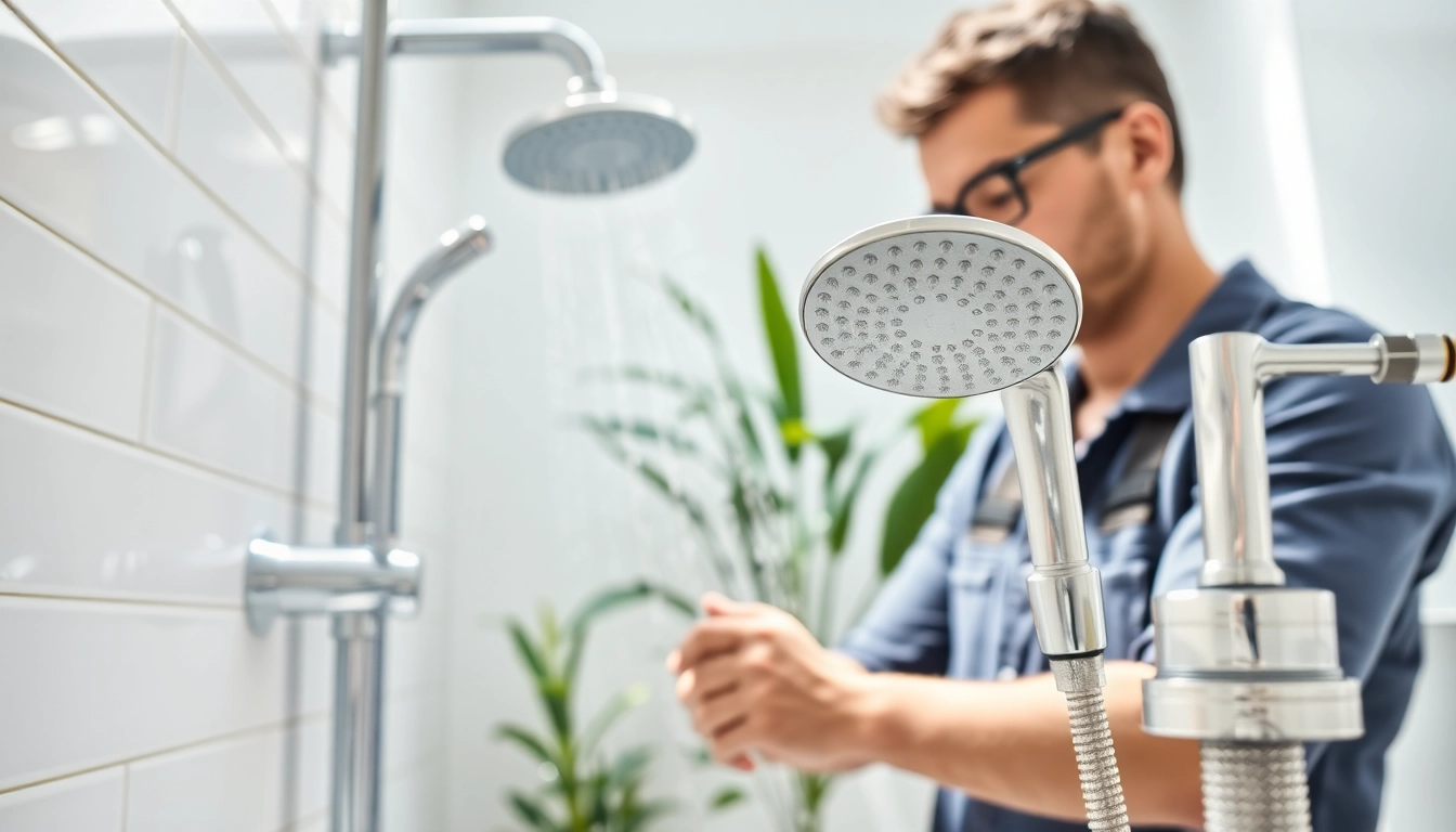 Installing a modern showerhead at sunny shower usa inc to enhance bathroom aesthetics.