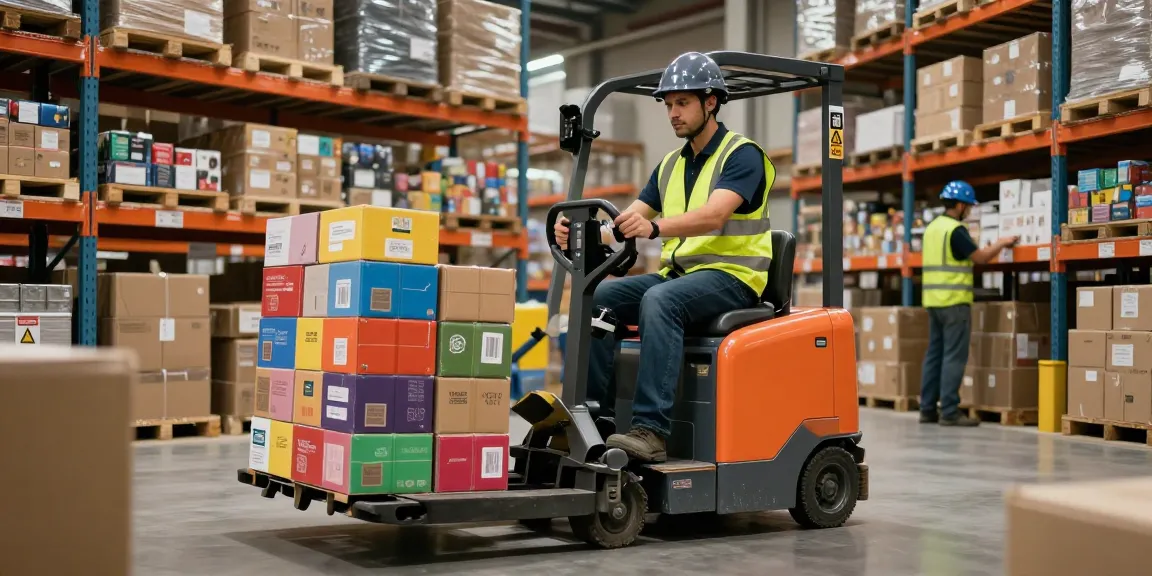 Warehouse worker using a pallet truck to transport goods in an organized warehouse.