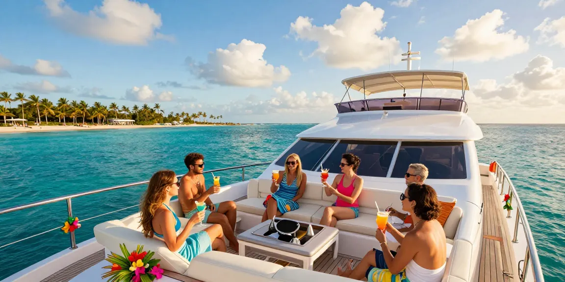 Luxury yacht rental in Punta Cana with guests enjoying the sun and sea.