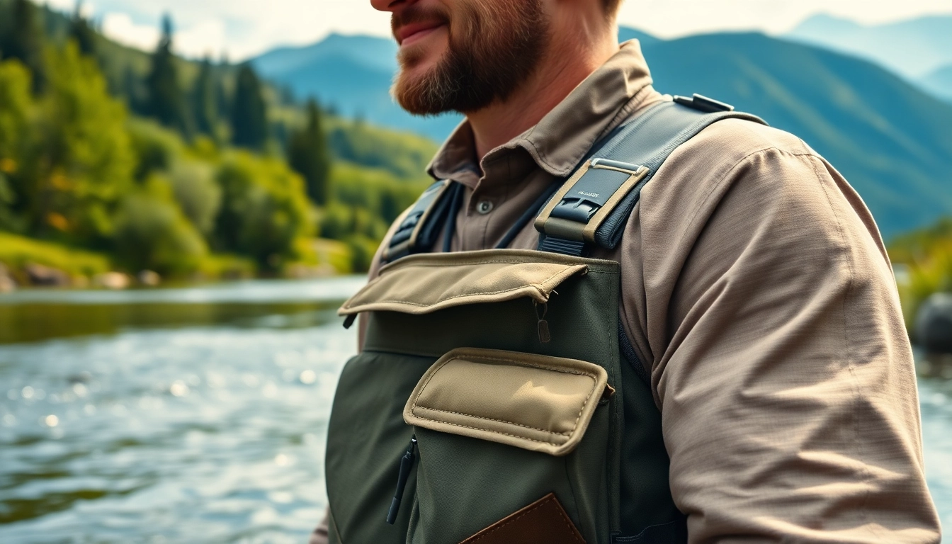 Angler using a fly fishing chest pack, showing its practical features in a beautiful river setting.