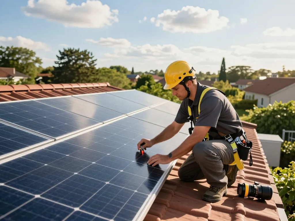 Technician inspecting solar panels highlighting gwarancja na moduły fotowoltaiczne – co obejmuje for residential energy solutions.