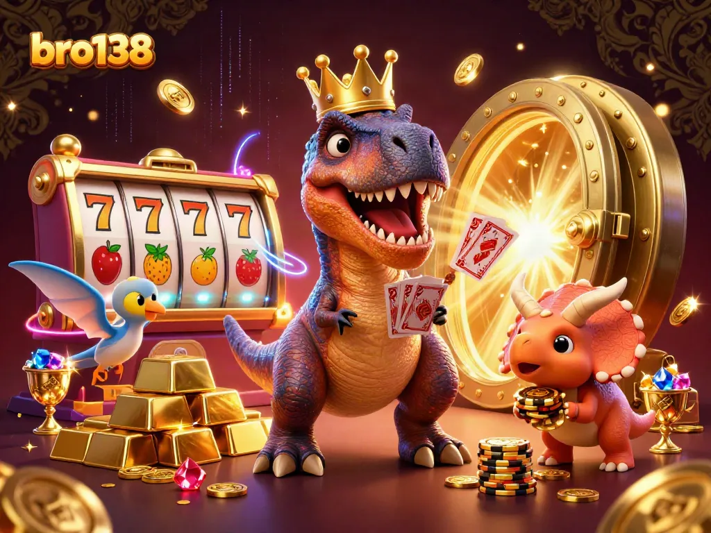 Engage in thrilling gameplay at bro138, featuring a lively T-Rex and friends in a casino setting.