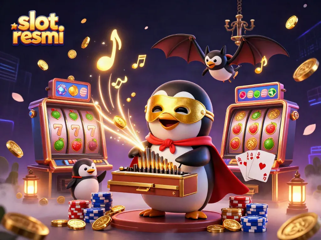Experience the thrill of slot resmi with a stunning illustration of a casino scene filled with golden rewards and vibrant characters.