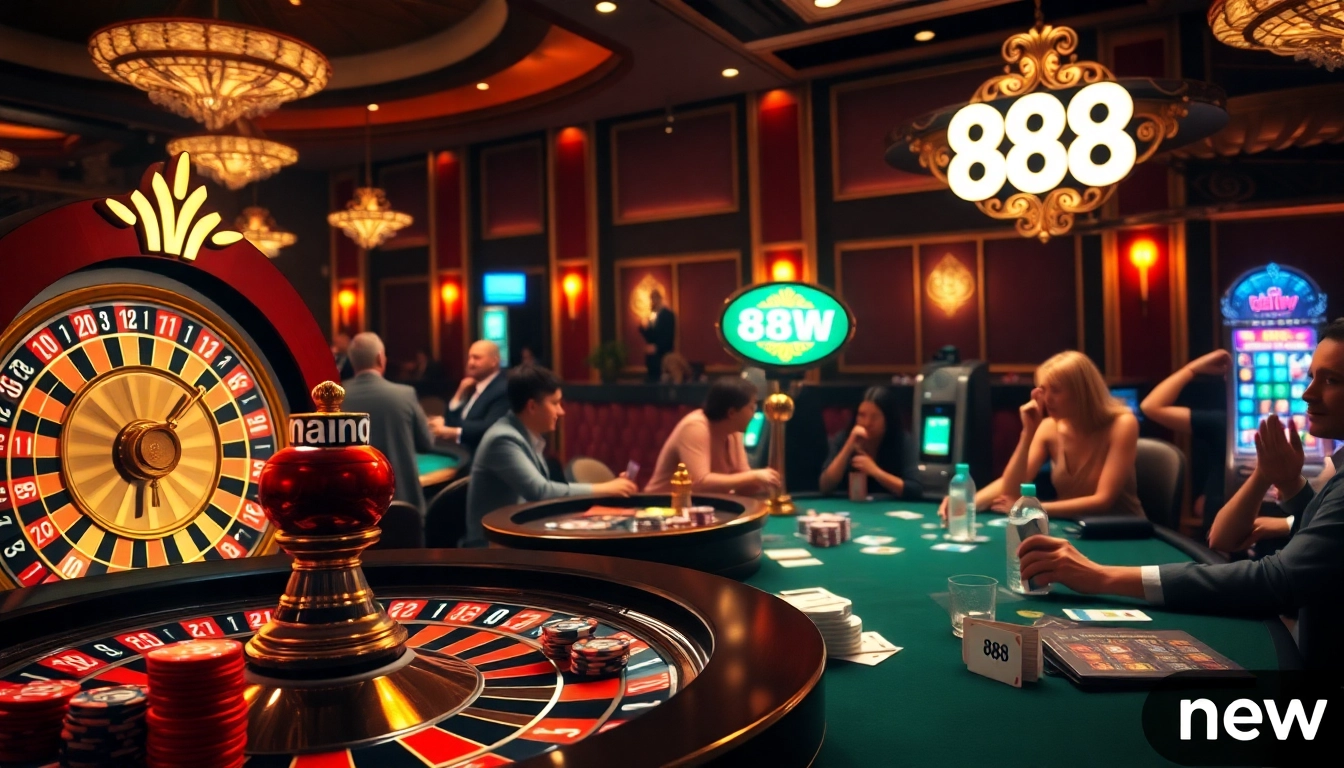 Experience thrilling gameplay at 888new, where players compete at a vibrant roulette table in a luxurious casino setting.