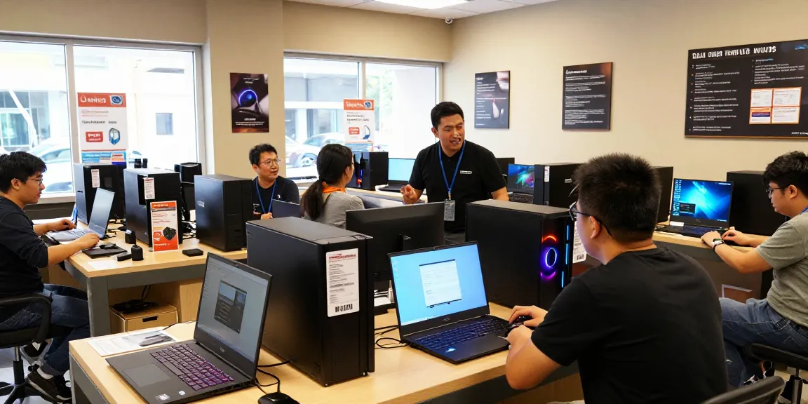 People exploring refurbished PCs in a vibrant showroom environment, showcasing engaging sales demonstrations.