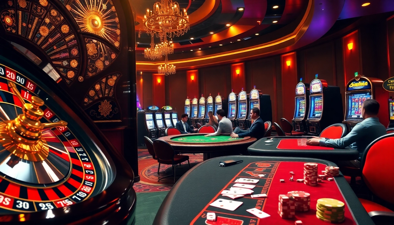 Experience the thrill of gambling with a luxurious casino scene featuring 789p poker tables and roulette wheels.