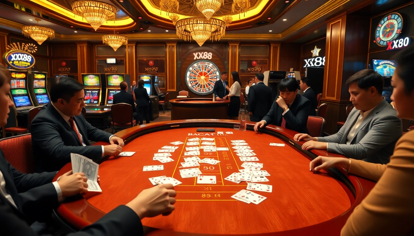 Intense Baccarat gameplay at XX88, vibrant cards, and casino excitement.