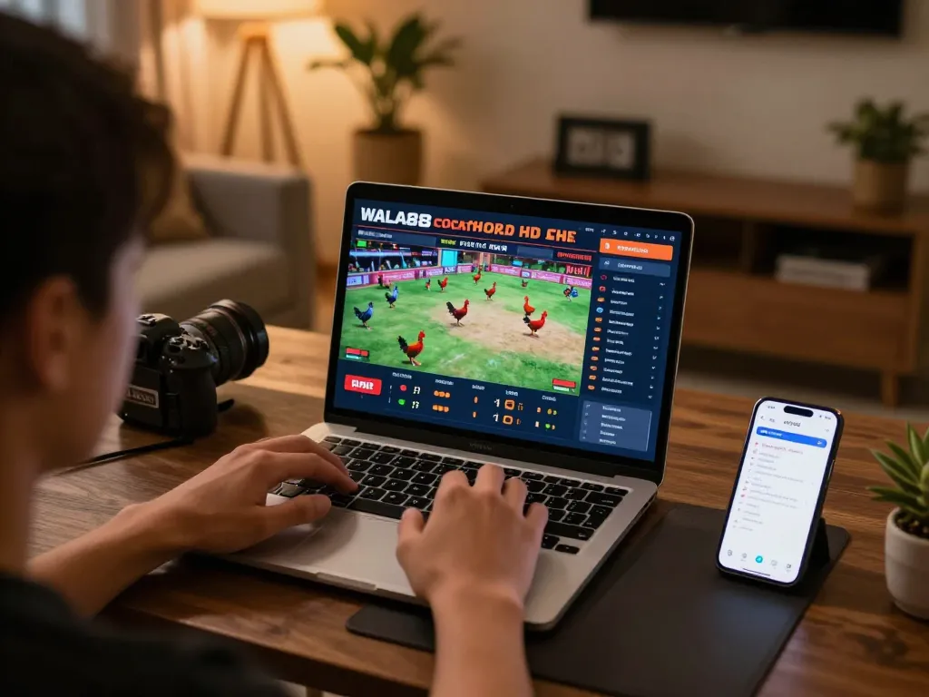 WALA88 streaming live cockfighting match while analyzing bets on laptop, creating an engaging online gaming experience
