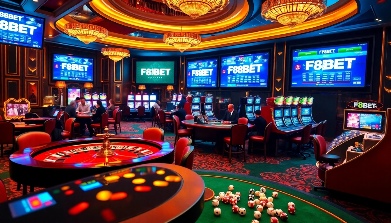 Players enjoying a thrilling game at F8BET casino tables with vibrant slot machines in view.