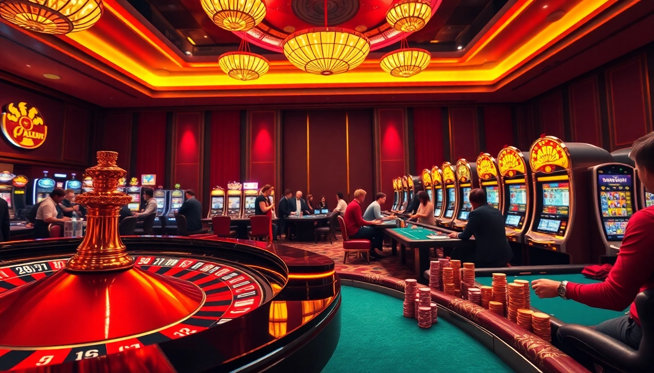Gamble at https://dola88vn.com/, enjoying a luxurious casino ambiance with roulette and poker elements.
