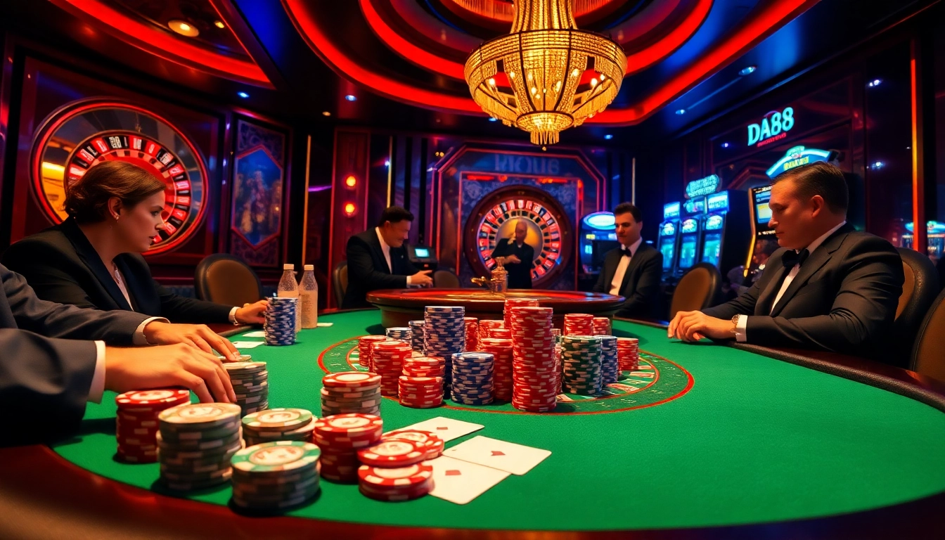Experience the excitement of high-stakes gambling at DA88 with poker chips and cards.