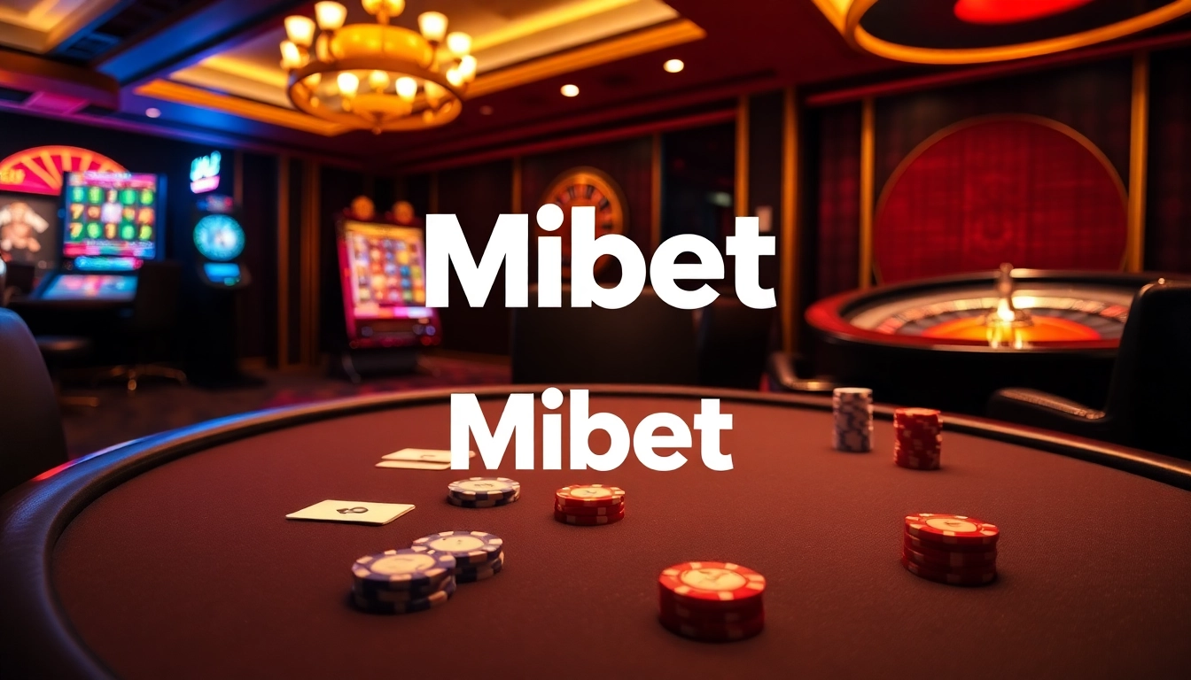 Mibet sets the stage for exciting gambling with a professional poker table and vibrant slot machine.