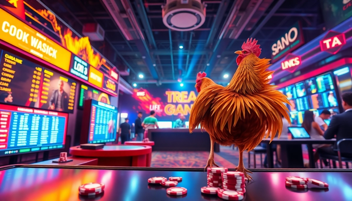 Experience the excitement of đá gà bj38, with a bustling online casino atmosphere showcasing live events and vibrant betting interfaces.