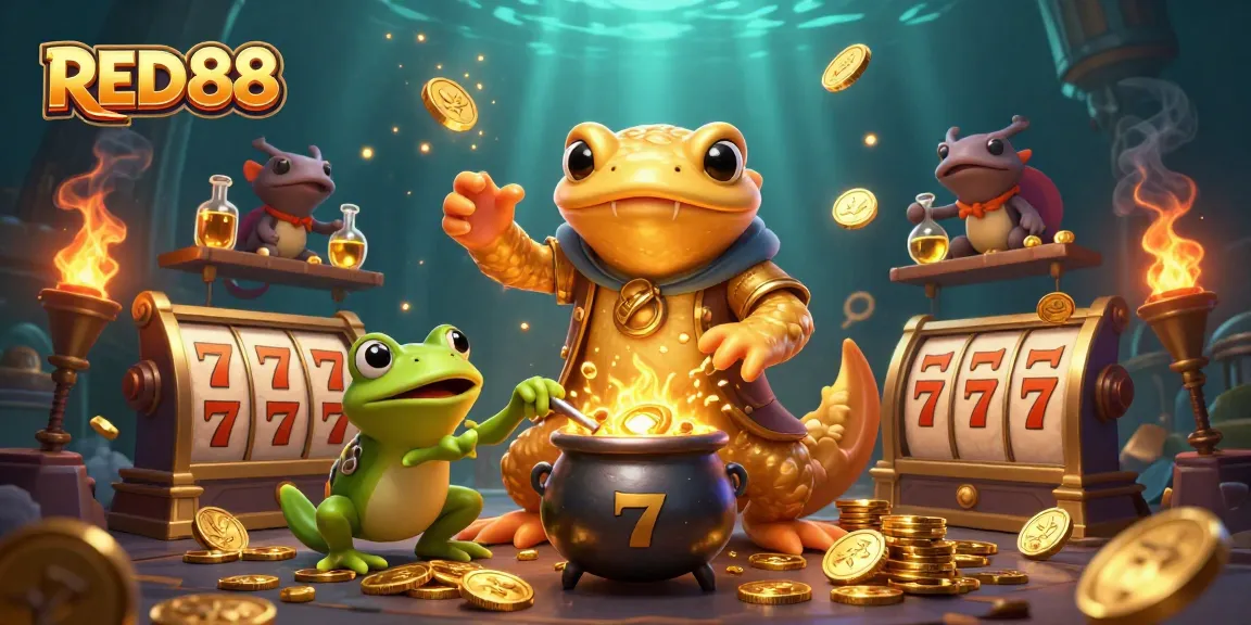 Engage with RED88 as a cartoon alchemist transforms metals in a vibrant casino setting.