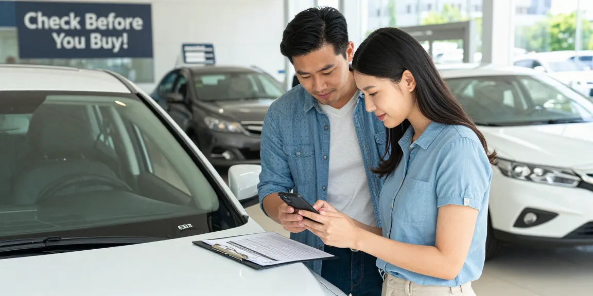 Couple checking a used car's VIN for vin check report during sunny dealership visit.