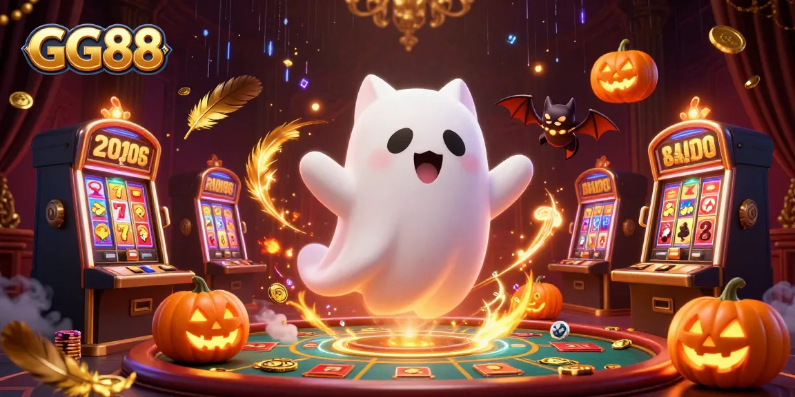Engage with GG88's vibrant gambling world featuring playful ghost cat and bat amidst dazzling games.