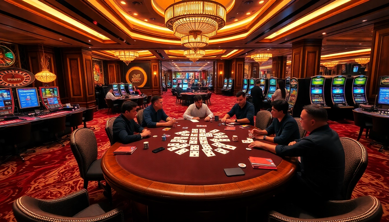 KJC casino scene depicting a high-stakes poker game with vibrant chips and engaged players.