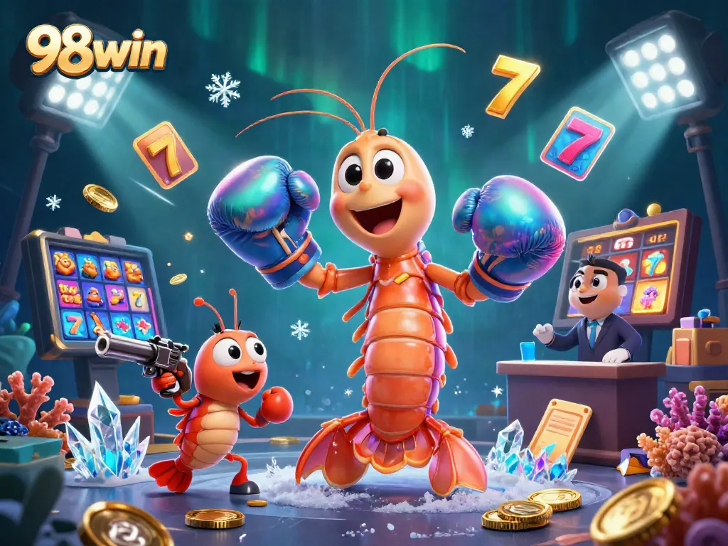 Experience the thrilling win possibilities with 98win in a colorful casino scene featuring vibrant underwater characters.