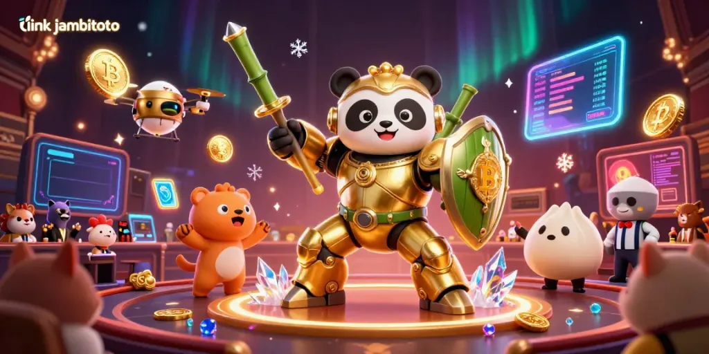 Join the excitement at link jambitoto, where a golden panda battles in a vibrant casino arena.