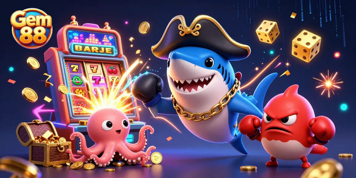Engage with Gem 88's vibrant 3D scene featuring a pirate shark, pufferfish, and octopus immersed in casino fun.