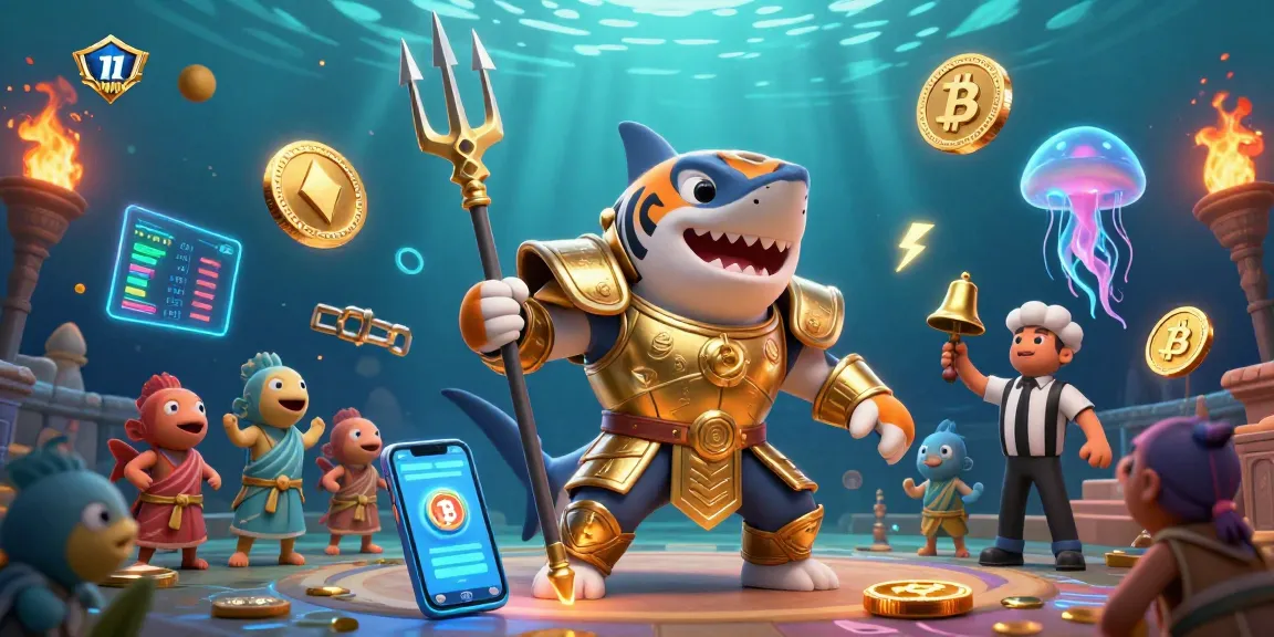 Experience thrilling underwater action with the 11WIN tiger shark gladiator in a vibrant crypto-themed casino.