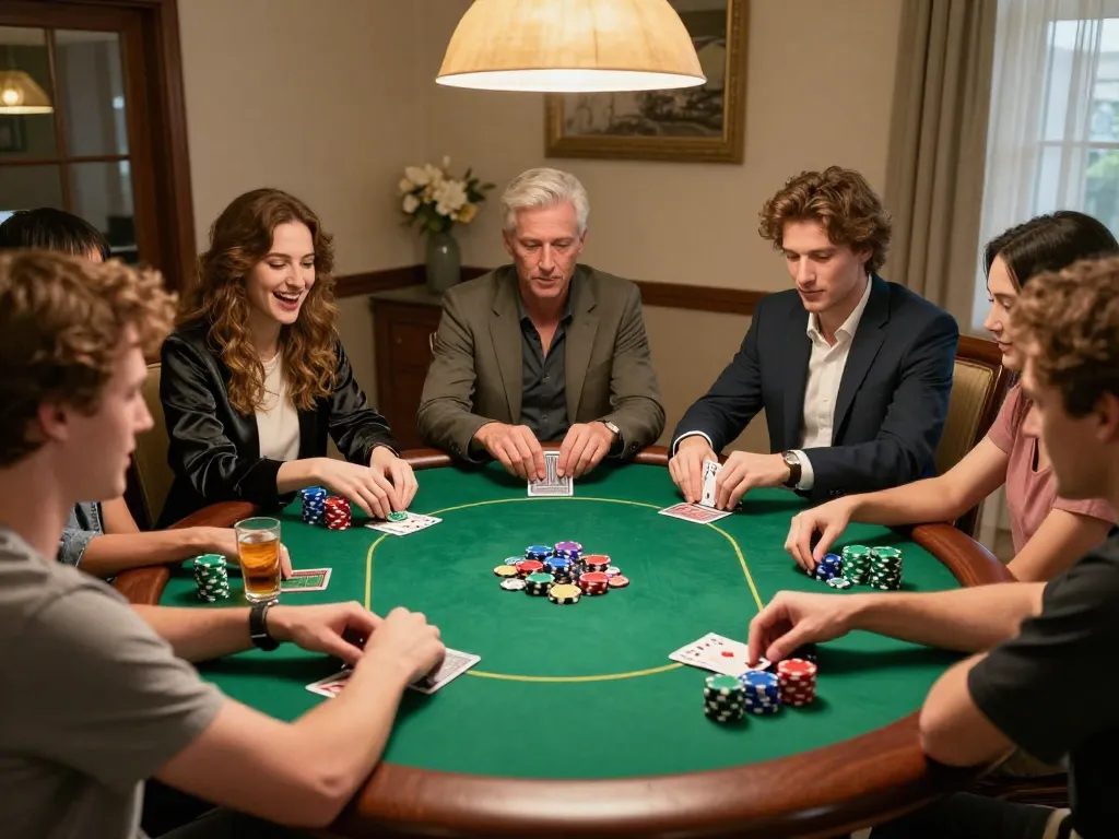 IDN poker Dominobet excited players engaged in Texas Hold'em at a vibrant home poker night, showcasing strategic gameplay.