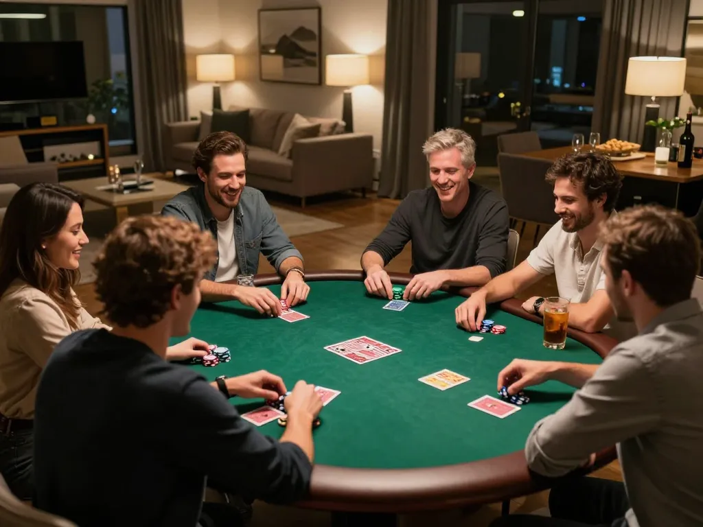 Players enjoying a home poker night, showcasing camaraderie and strategy at TG88.