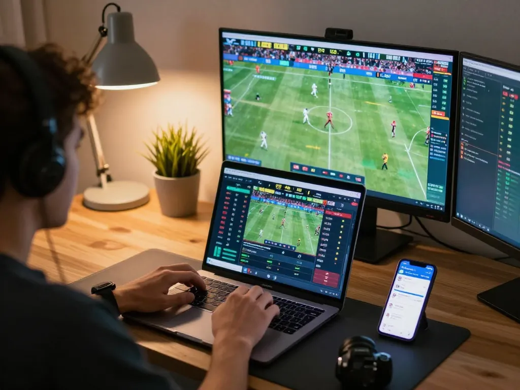 Person using mk8th platform for sports betting with multiple screens showing live games