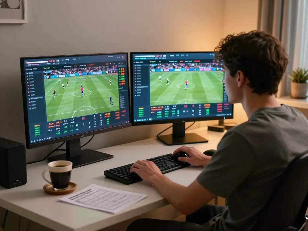 GG88 betting enthusiast analyzing live sports odds and events from a modern home office.