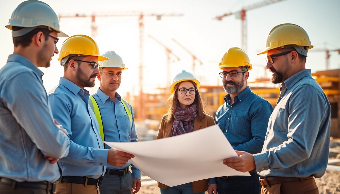 Engaged team in construction advocacy discussing plans on-site with a bright atmosphere.