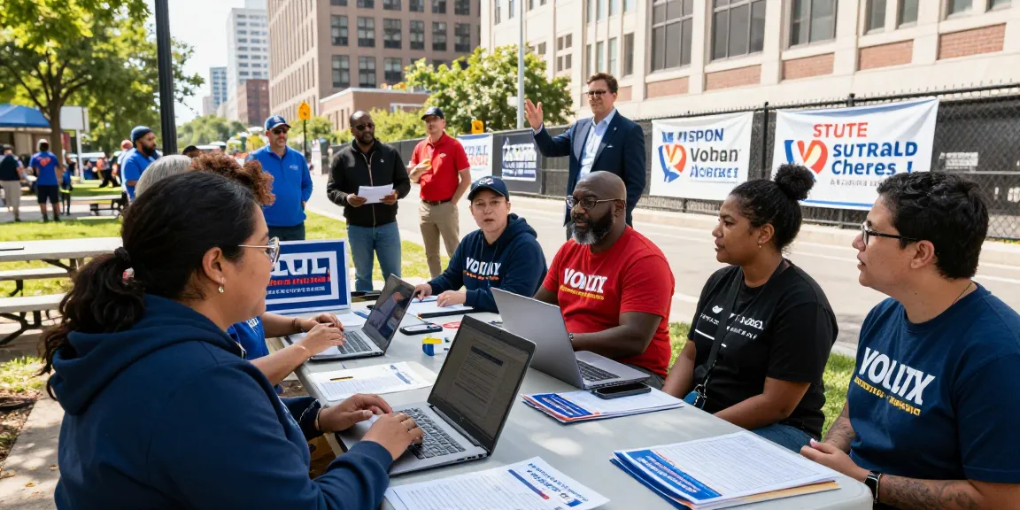 Vibrant political campaign scene showcasing teamwork in state legislature campaign marketing.