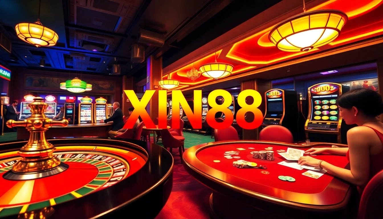 XIN88 players enjoy a luxurious casino experience at the roulette and poker tables.