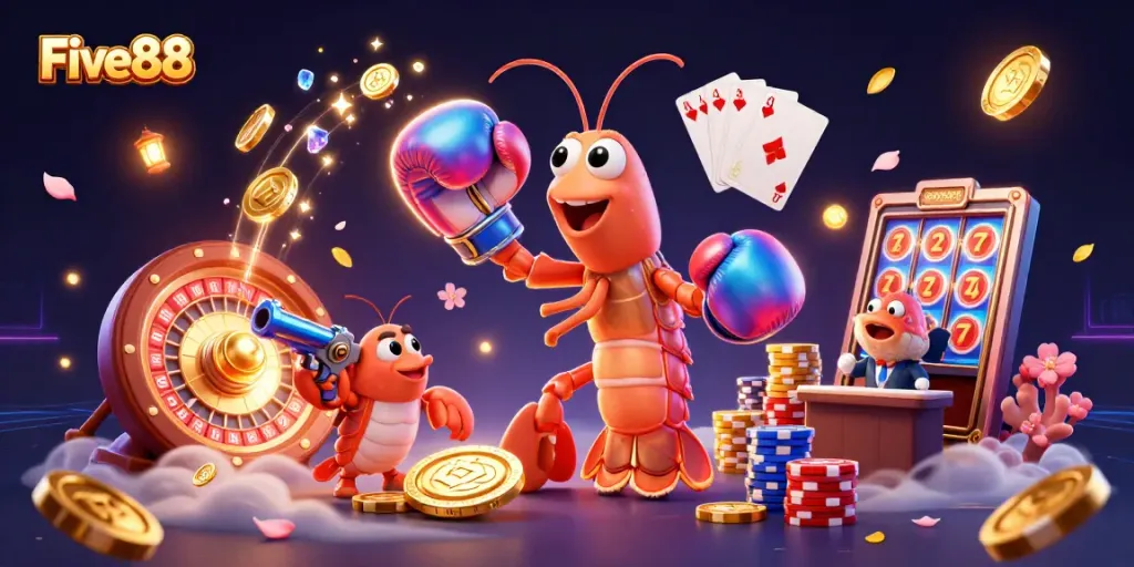 Experience thrilling gameplay at Five88 with animated casino characters and extravagant game elements.