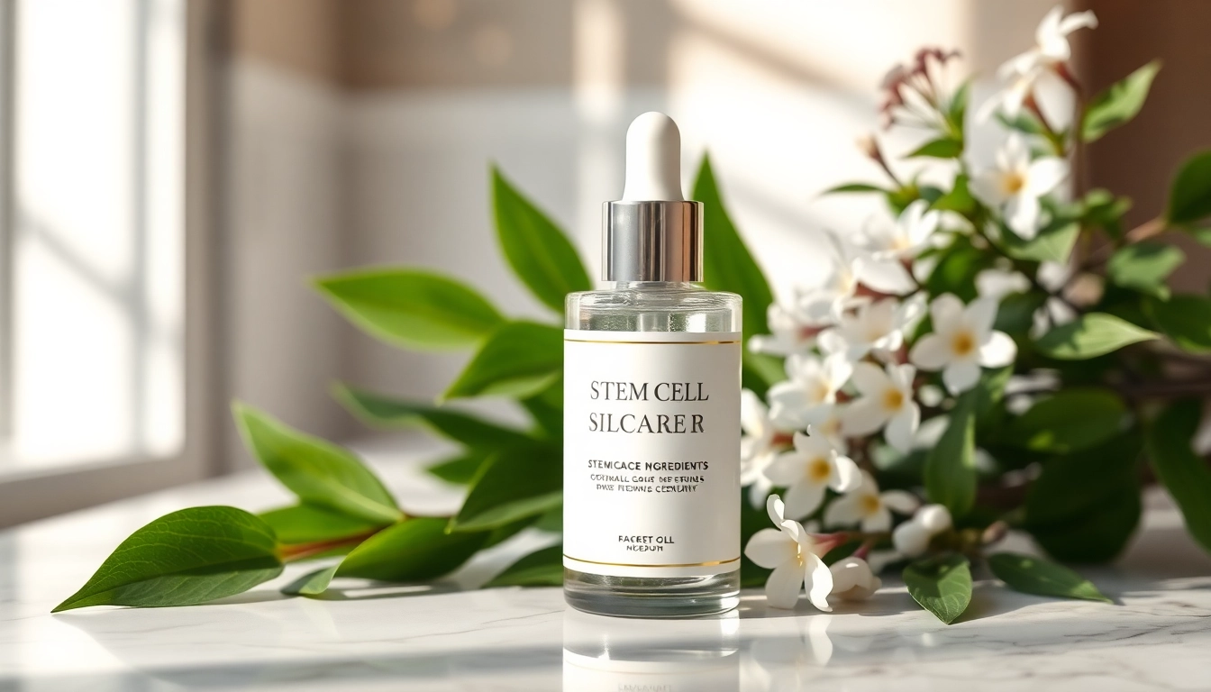 Showcasing stem cell skincare serum surrounded by nature, emphasizing beauty and wellness.