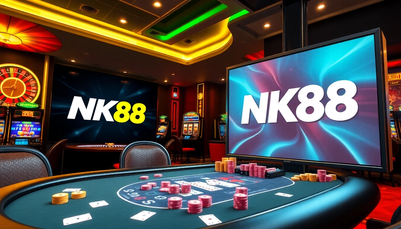 NK88 online gambling scene featuring vibrant poker table and engaging players.