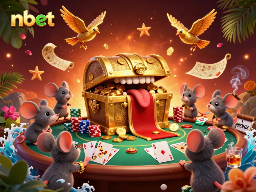 Engage with nbet players as they explore a golden treasure chest in a dynamic casino scene.