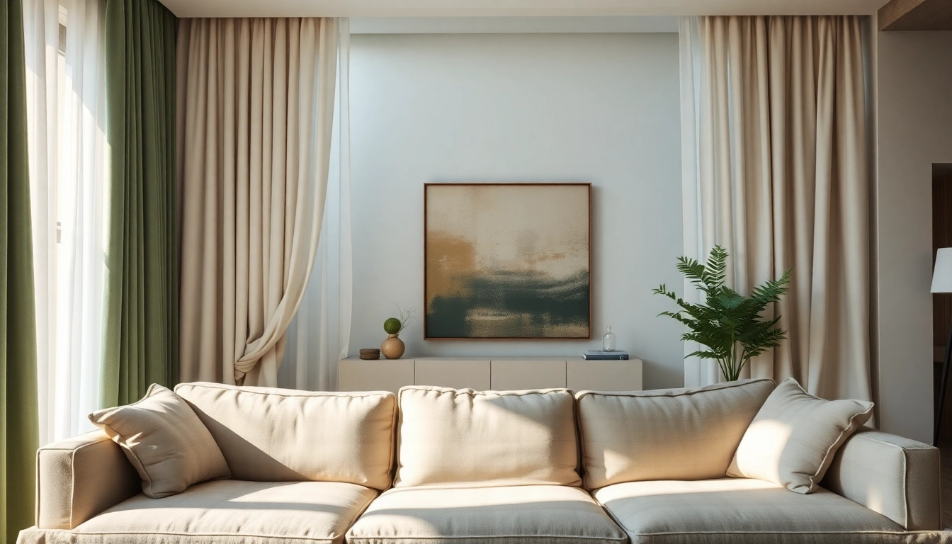 Stof voor gordijnen in een stijlvolle woonkamer met elegante gordijnen en modern meubilair.