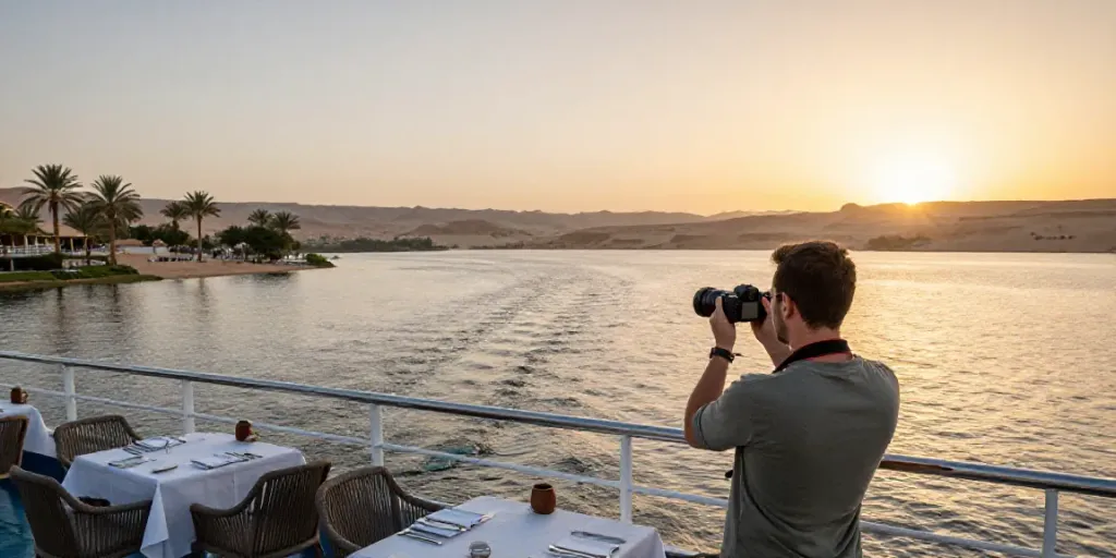 Enjoying a Lake Nasser Cruise with stunning sunset views and modern amenities.