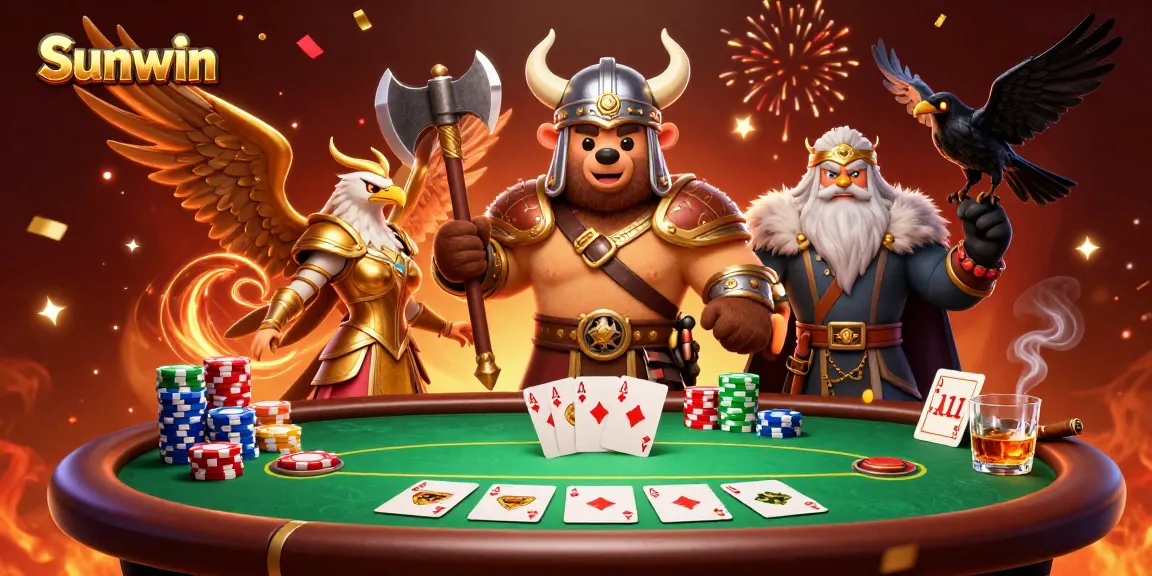 Experience excitement at Sunwin with a vibrant casino scene featuring a Viking bear and Valkyrie.