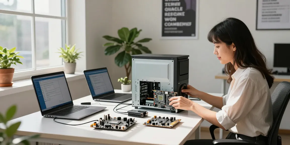 Professional woman assembling a refurbished pc in modern office