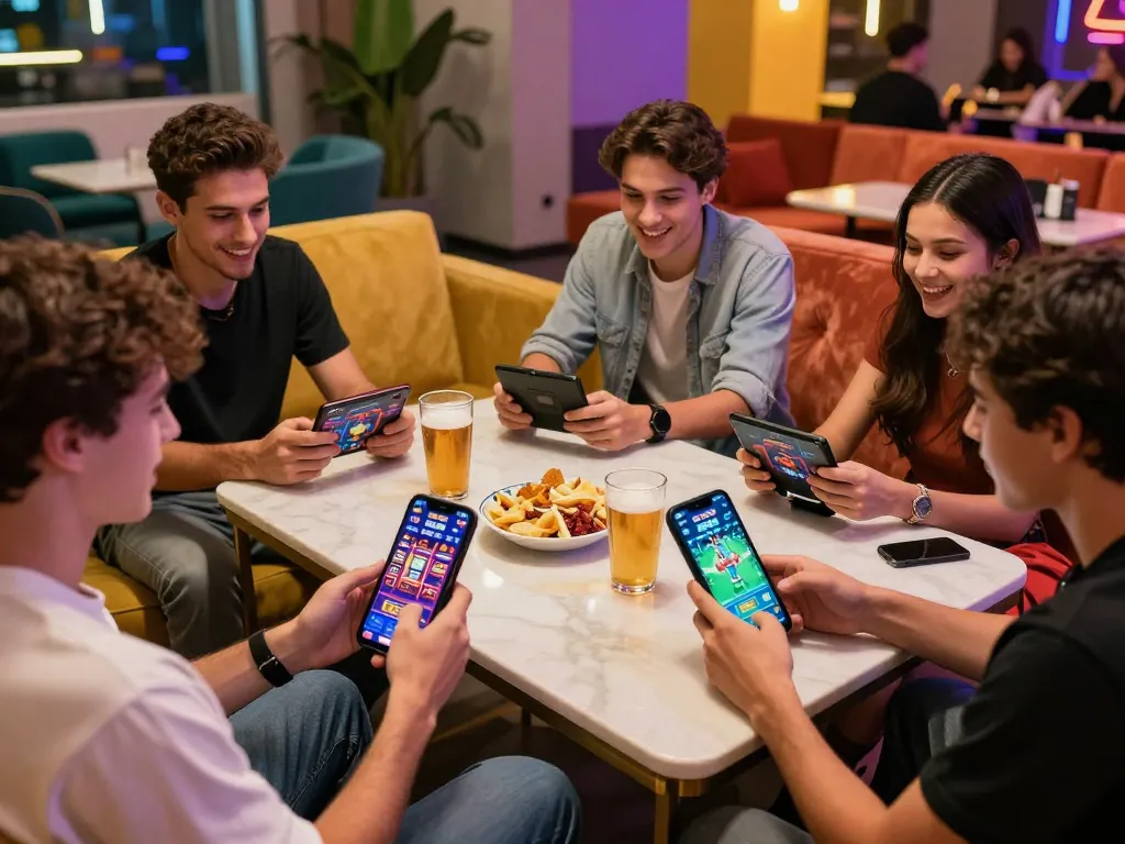 Engaged friends enjoying online gaming at https://sc88e.net/, showcasing vibrant casino graphics and competitive atmosphere.